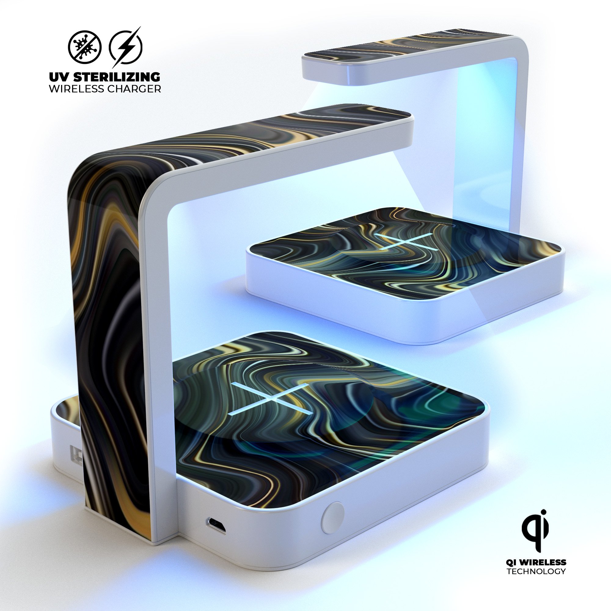 Swirling Black and Gold Vector UV Germicidal Sanitizing Sterilizing charger with wireless charging capabilities and decorative skin.